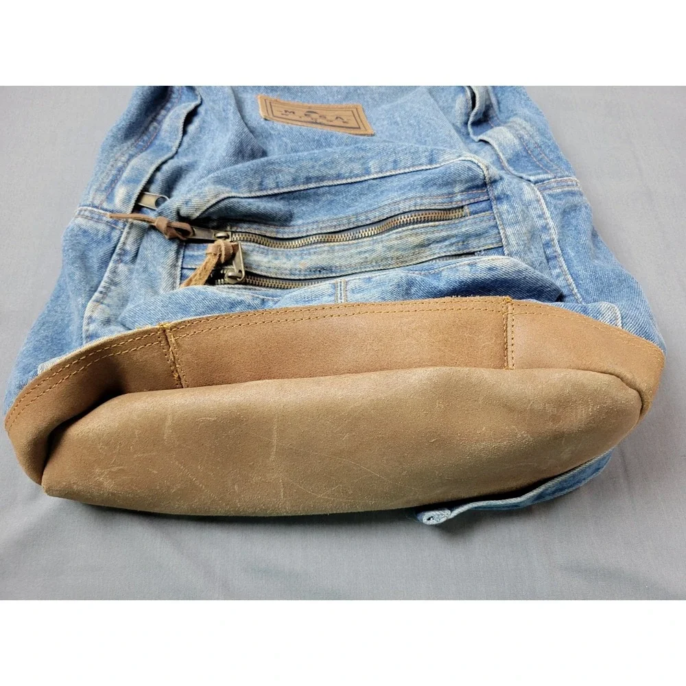 Mesa Ridge Vintage Denim Backpack Leather Base Blue Medium Wash Western‎ Daypack